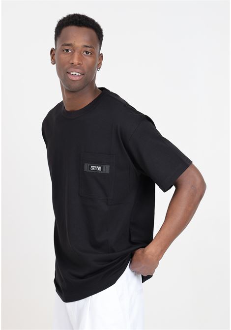 Black men's t-shirt with Institutional logo patch VERSACE JEANS COUTURE | 76GAHE05CJ00E899